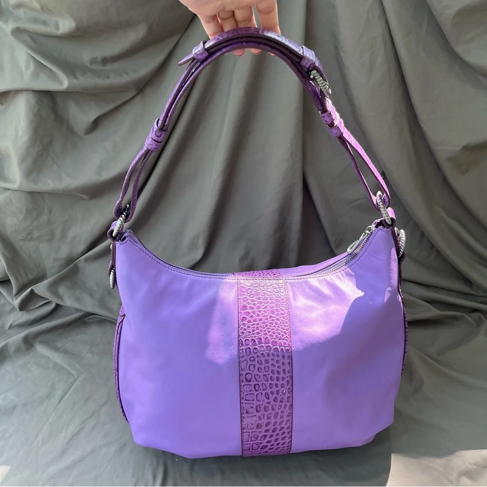 Judith Ripka Purple Leather CROCO Embossed Pewter Wrap Pocket Hobo Shoulder Bag - Picture 2 of 16